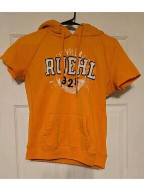 Ruehl No.925 Womens Short Sleeve Hoodie Y2k Logo Orange Medium